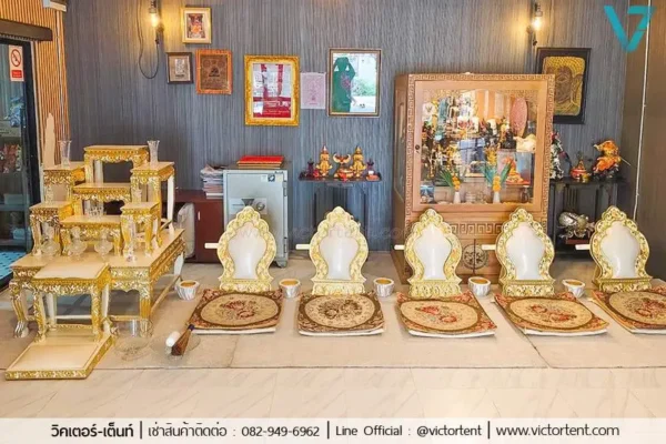 [เซทอุ่นใจ-ไทยโมเดิร์น] เช่าชุดพิธีสงฆ์ โต๊ะหมู่+อาสนะ(9ที่) สีทองลายไทย - Image 3