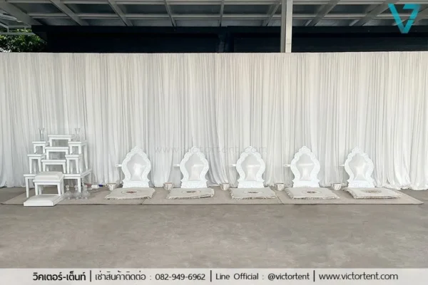 [เซทอุ่นใจ-ไทยโมเดิร์น] เช่าชุดพิธีสงฆ์ โต๊ะหมู่+อาสนะ(9ที่) สีขาวลายไทย - Image 2